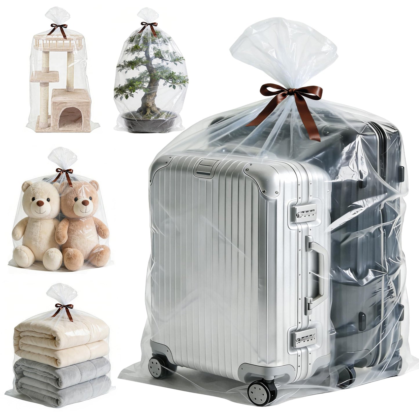 5-Pack Jumbo 100x150cm Clear Plastic Storage Bags with Ties, 2 Mil Heavy-Duty Protection for Oversized Items, Car Seats, Strollers, Suitcases