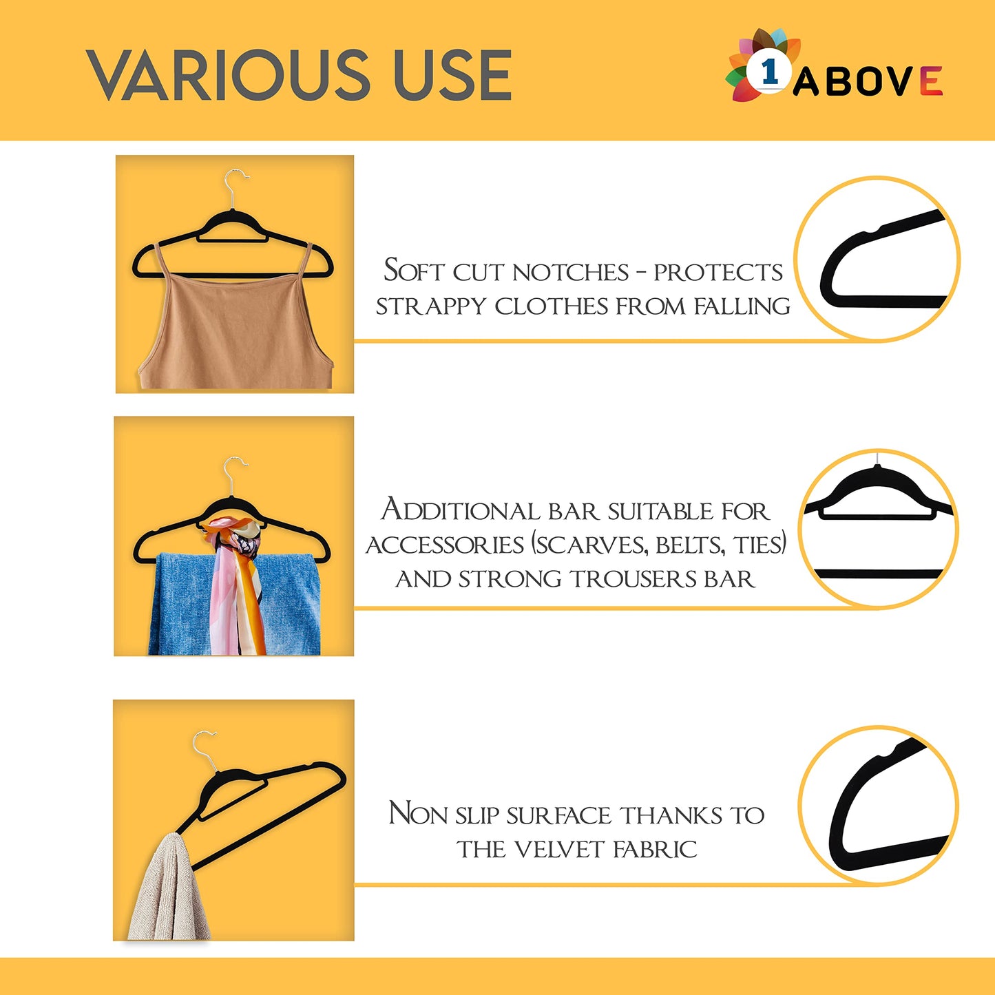 1ABOVE Premium Quality 20 pack Non-Slip Velvet Hangers (44cm) Heavy Duty Velvet Suit Hangers with Tie Bar, 360° Swivel Hooks – Space saving