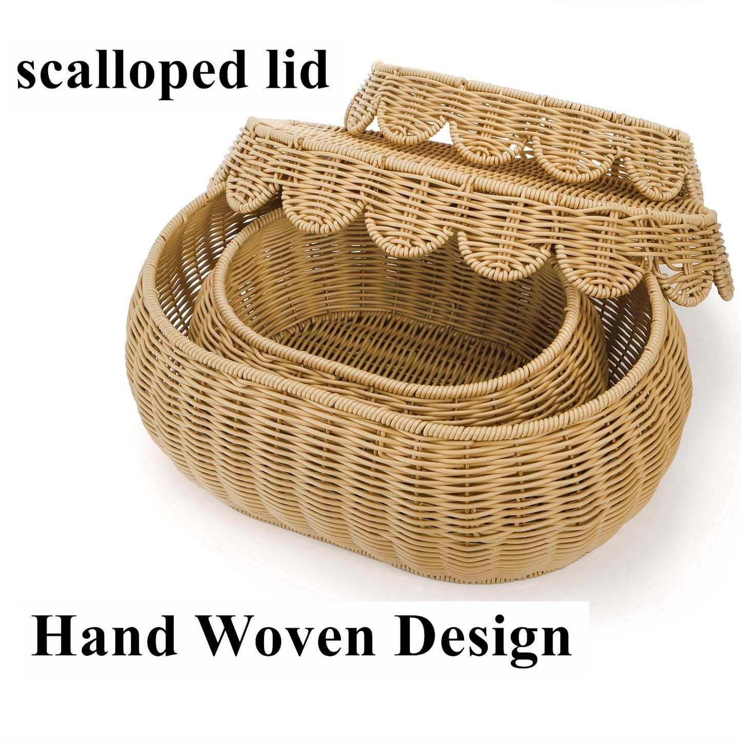 Tebery Set of 2 Wicker Storage Baskets with Lid, Hand Woven Scalloped Basket Boxes for Shelf, Sturdy Rattan Storage Bin Organizer for Home Decoration