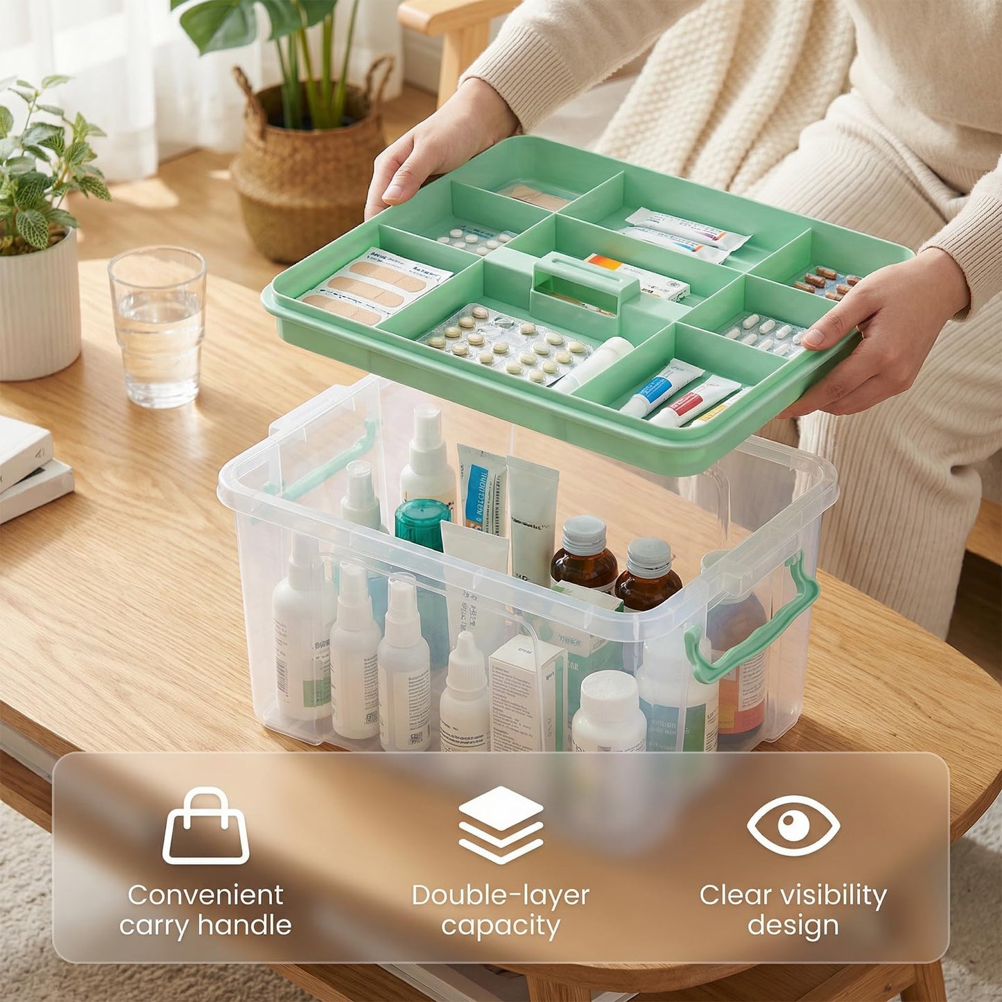 Stidyzo Medicine Storage Box, Large Storage Boxes with Lid, Green