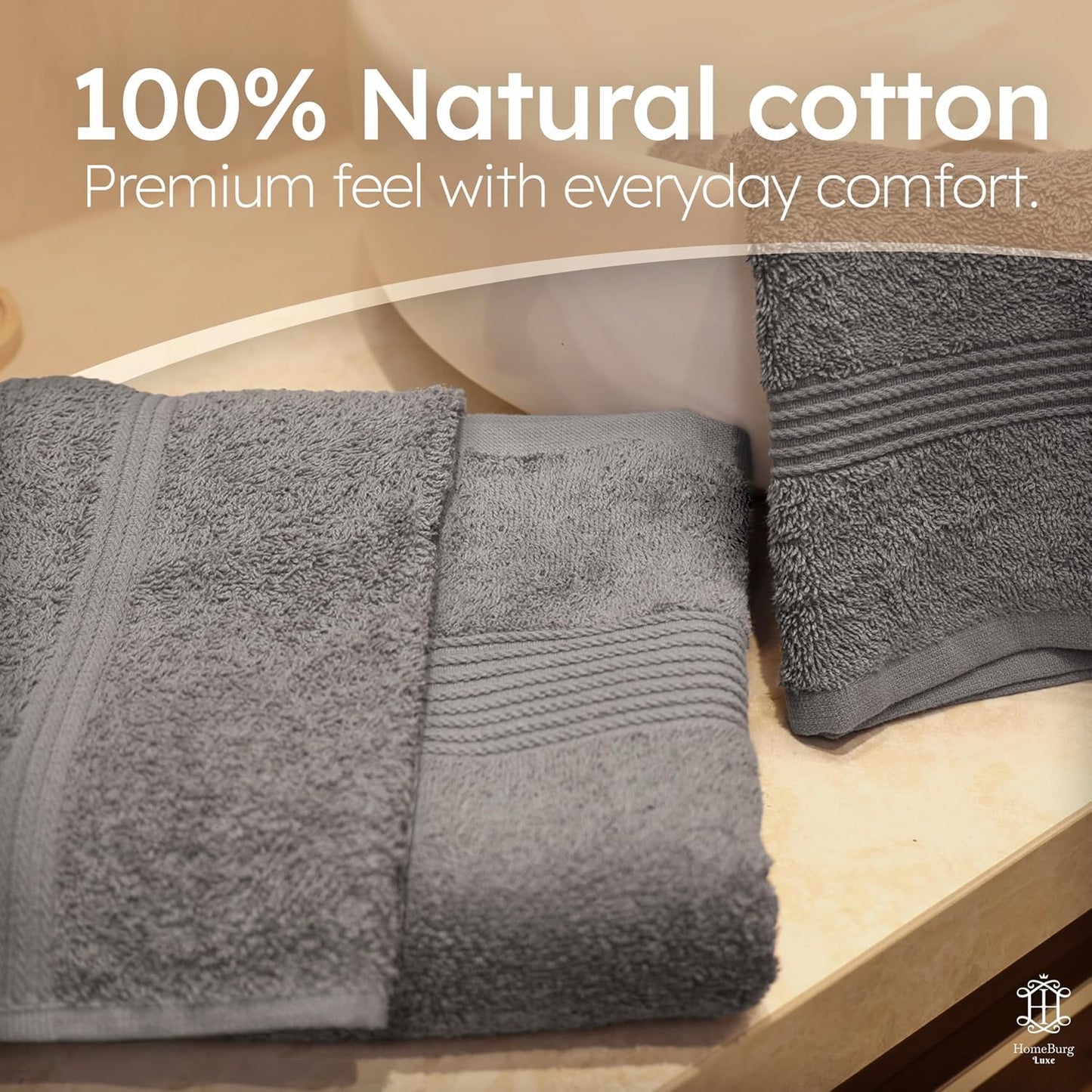 HomeBurg Luxe Set – Washcloths (30 x 30cm), Hand Towels (40 x 70cm) & Bath Towels (65 x 137 cm) – 100% Cotton, Soft, Absorbent, Easy Care, Versatile