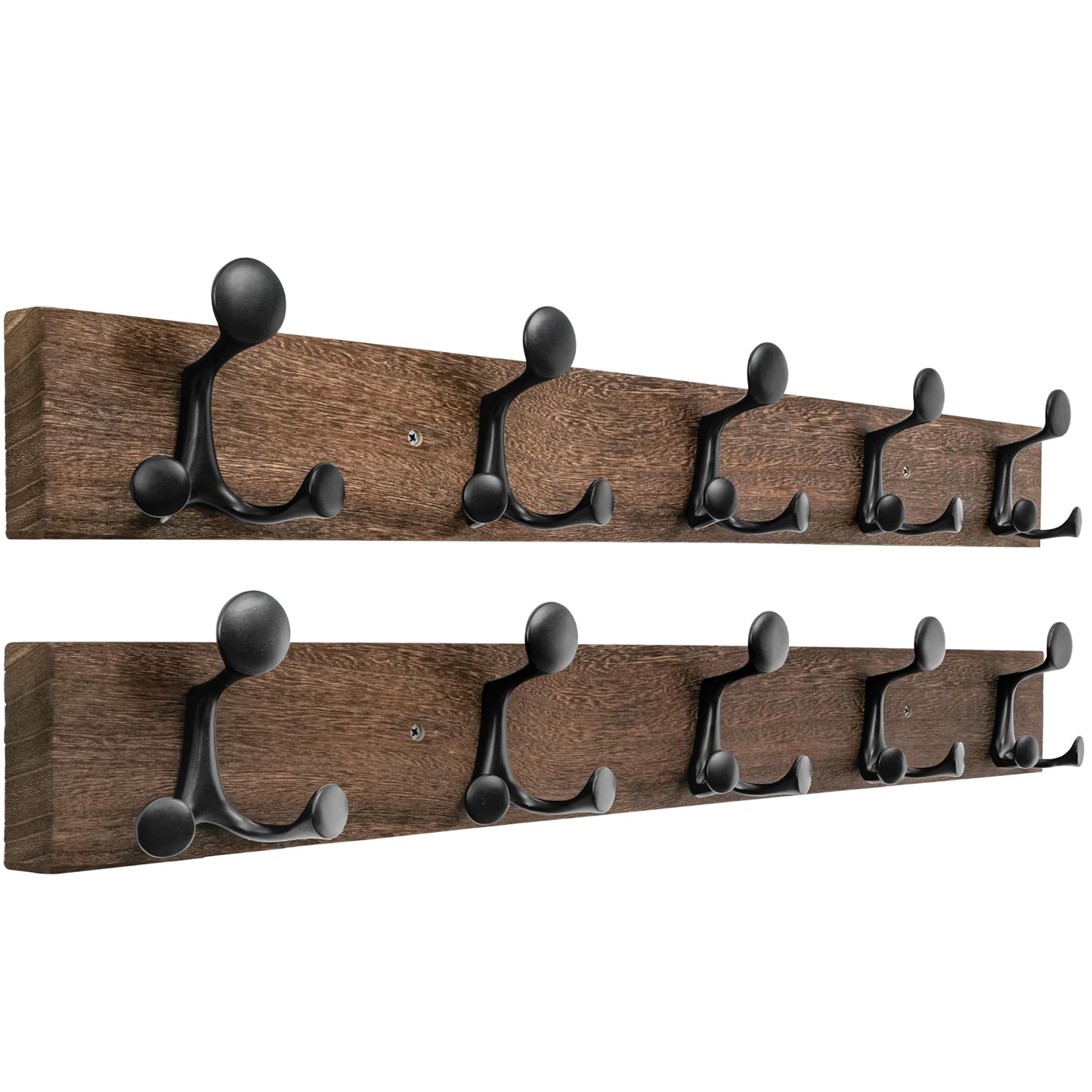 HONSKY Wall Mounted Coat Rack, 76cm Solid Paulownia Wood Base,5 Black Sturdy Aluminium Alloy Triple Hooks(15 Hanging Points)