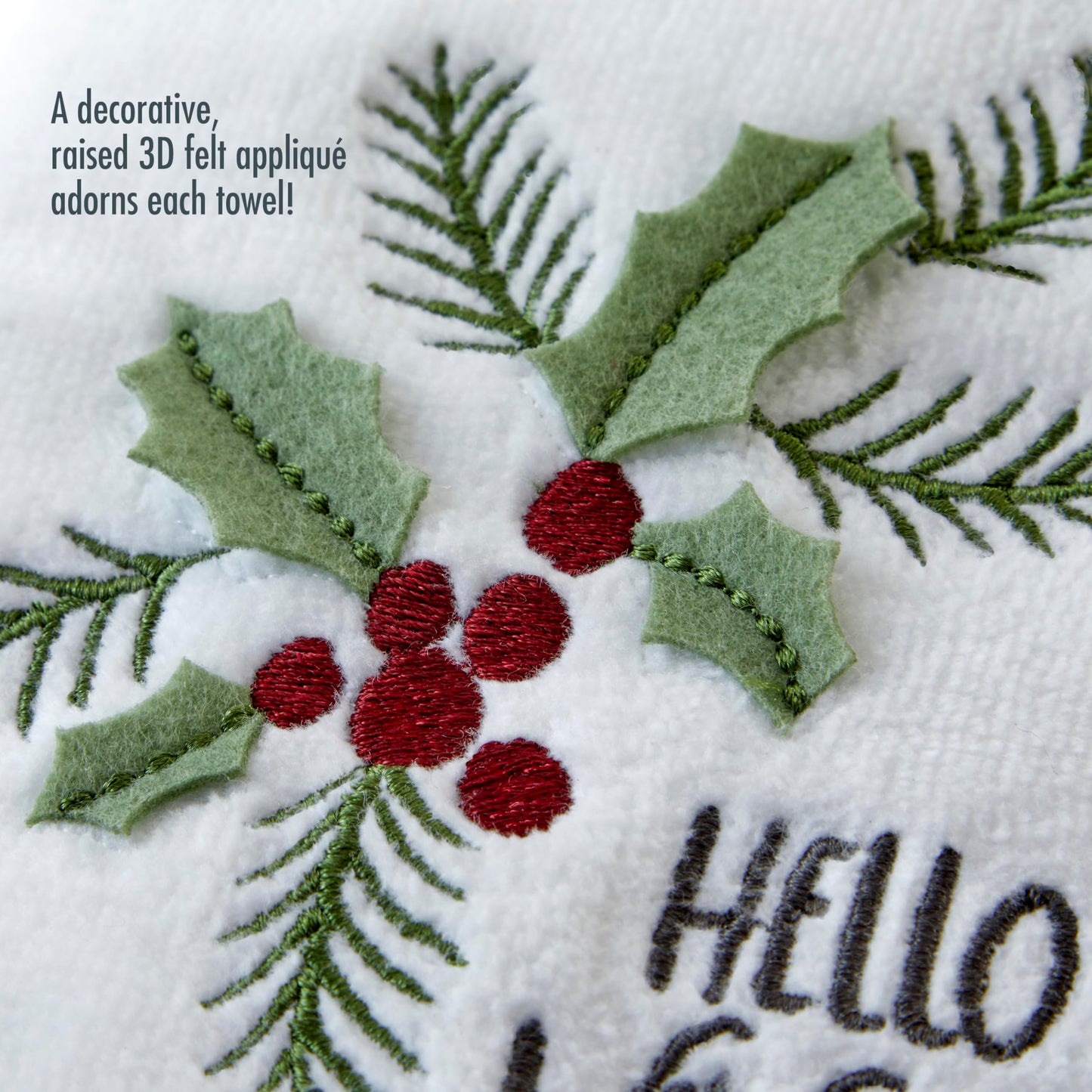 SKL Home Christmas Hello Winter Holly 3D Hand Towel 2pc Set for Bath/Kitchen/Bar & Gift, White