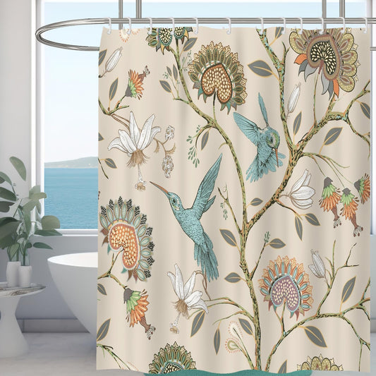 Minicoco Integrated Room Shower Curtain 100% Polyester Waterproof Mould Proof Floral Shower Curtain with 12 Hooks, 180 x 180 cm White Flower Bird