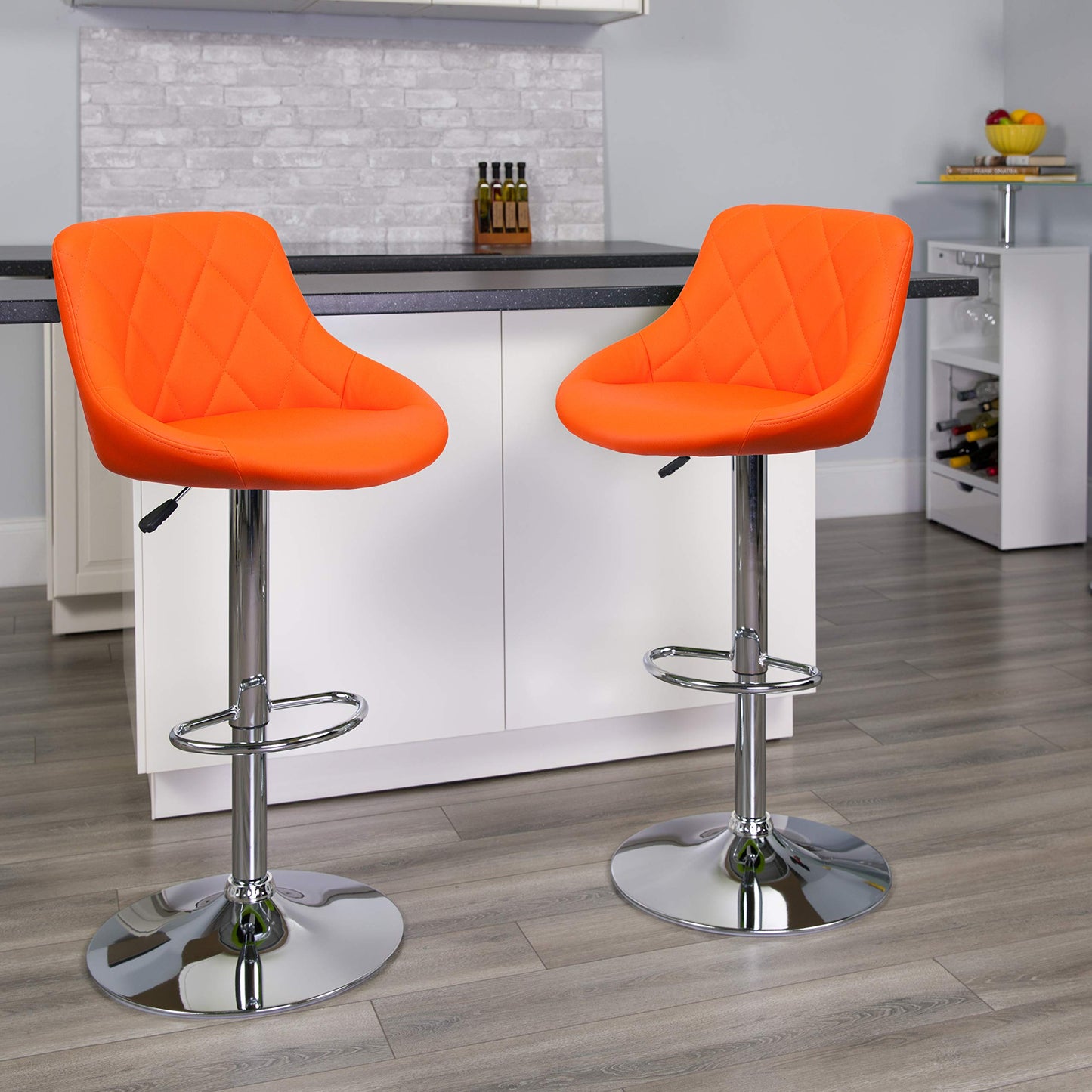 Flash Furniture Caldwell 2 Pk. Contemporary Orange Vinyl Bucket Seat Adjustable Height Barstool with Diamond Pattern Back and Chrome Base