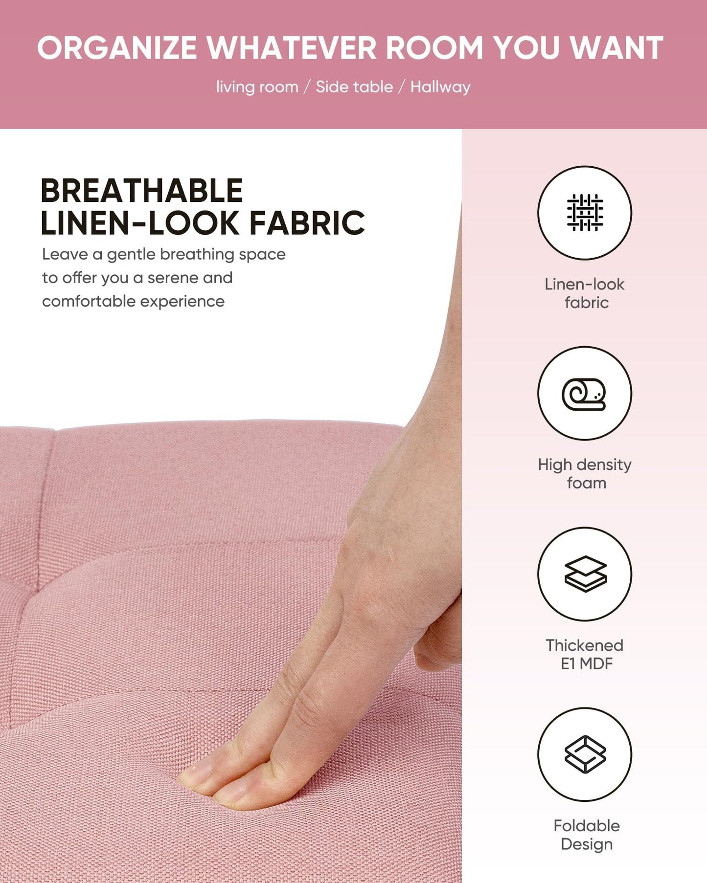 Bonlife Storage Ottoman, Folding Small Foot Rest,Toy Chest Storage Footrest Seat, Footstool for Living Room, Bedroom, Dorm, Fabric,Pink,42x32x32cm
