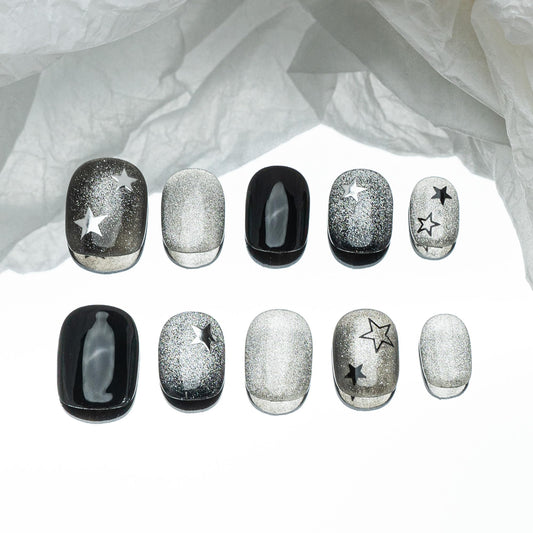Sun&Beam Nails Handmade Press-on Short Squoval Round Black Silver Magnet glossy Star Design Fashion False Nail Tips 10 Pcs Set (#204 L)