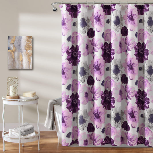Lush Decor Leah Floral Shower Curtain, 72" W x 72" L, Purple & Gray - Pretty Purple Shower Curtain - Spring Decor - Colorful Blooming Flowers -