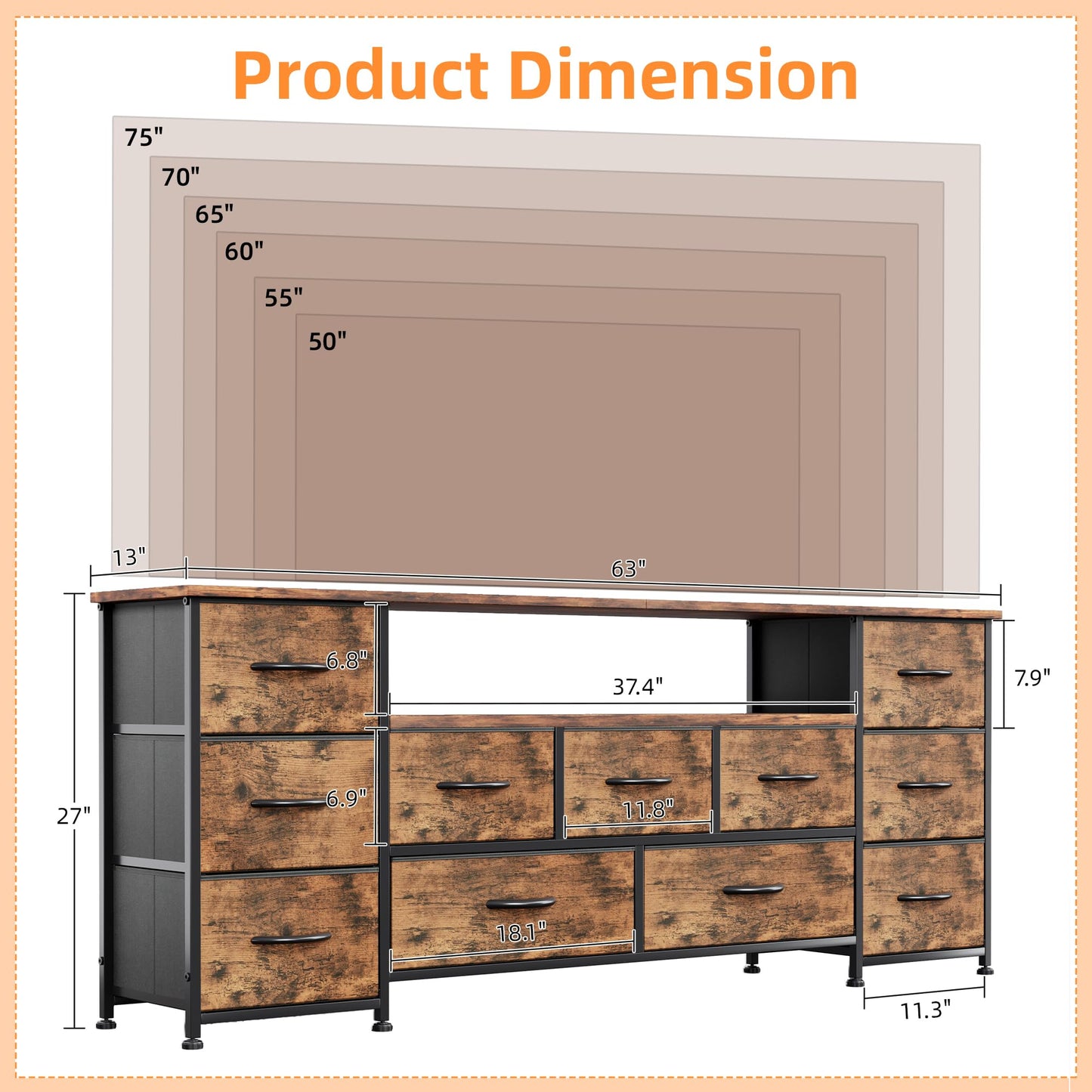 VERMESS 63" Tv Cabinet, Dresser for Bedroom with 11 Fabric Drawers, TV Stand with Power Socket for TVs up to 70", TV Units for Living Room, Bedroom