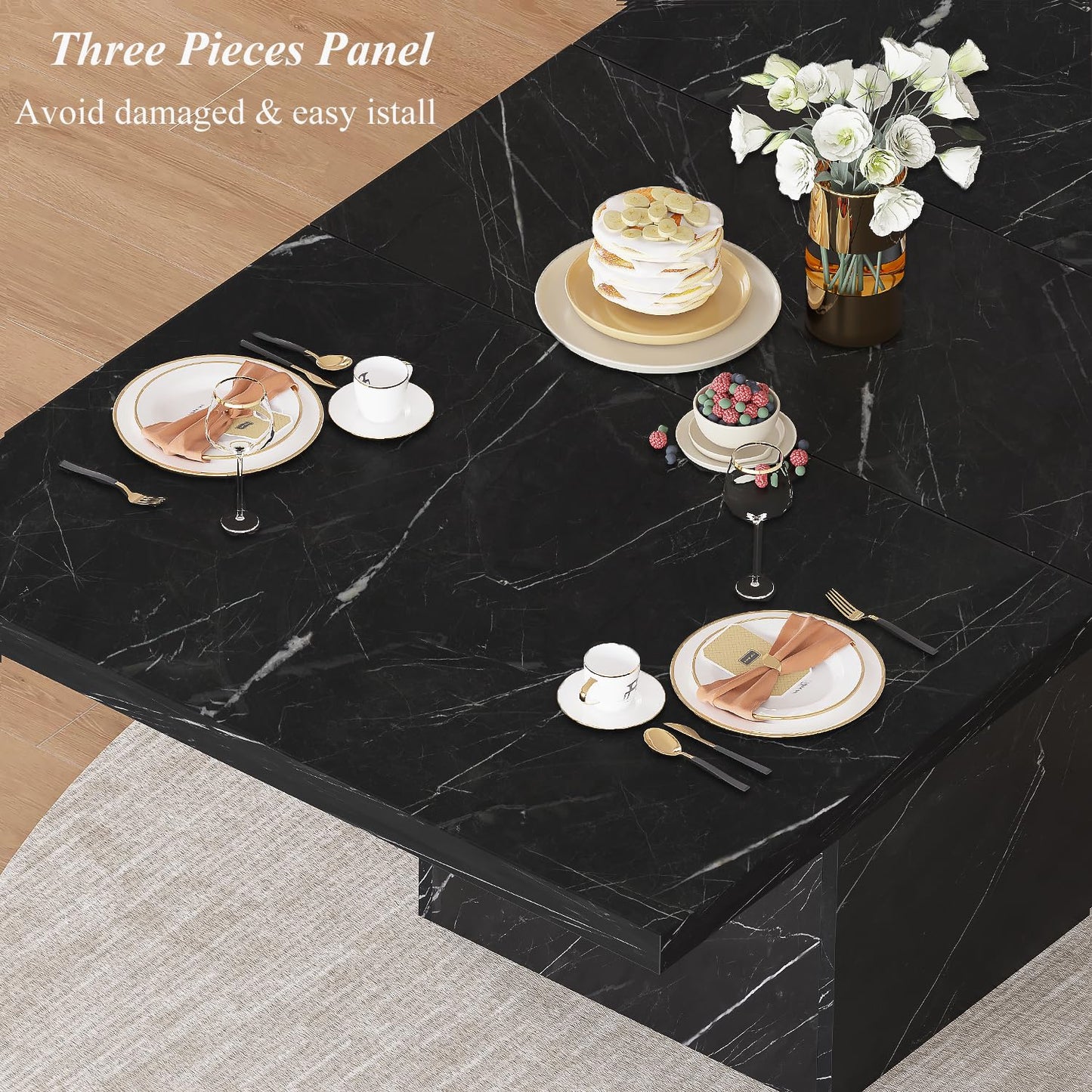 HSH Dining Table Modern Rectangle Kitchen Dinner Table 160cm Black Marble