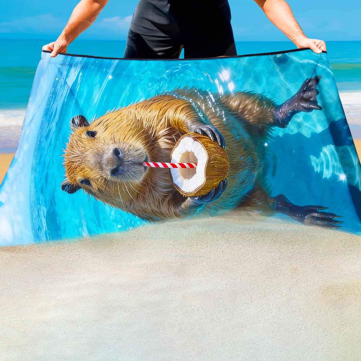 Violetpos Coconut Capybara Beach Towel, Extra Large 180x90 cm 250GSM Microfibre, Sand Free Quick Dry