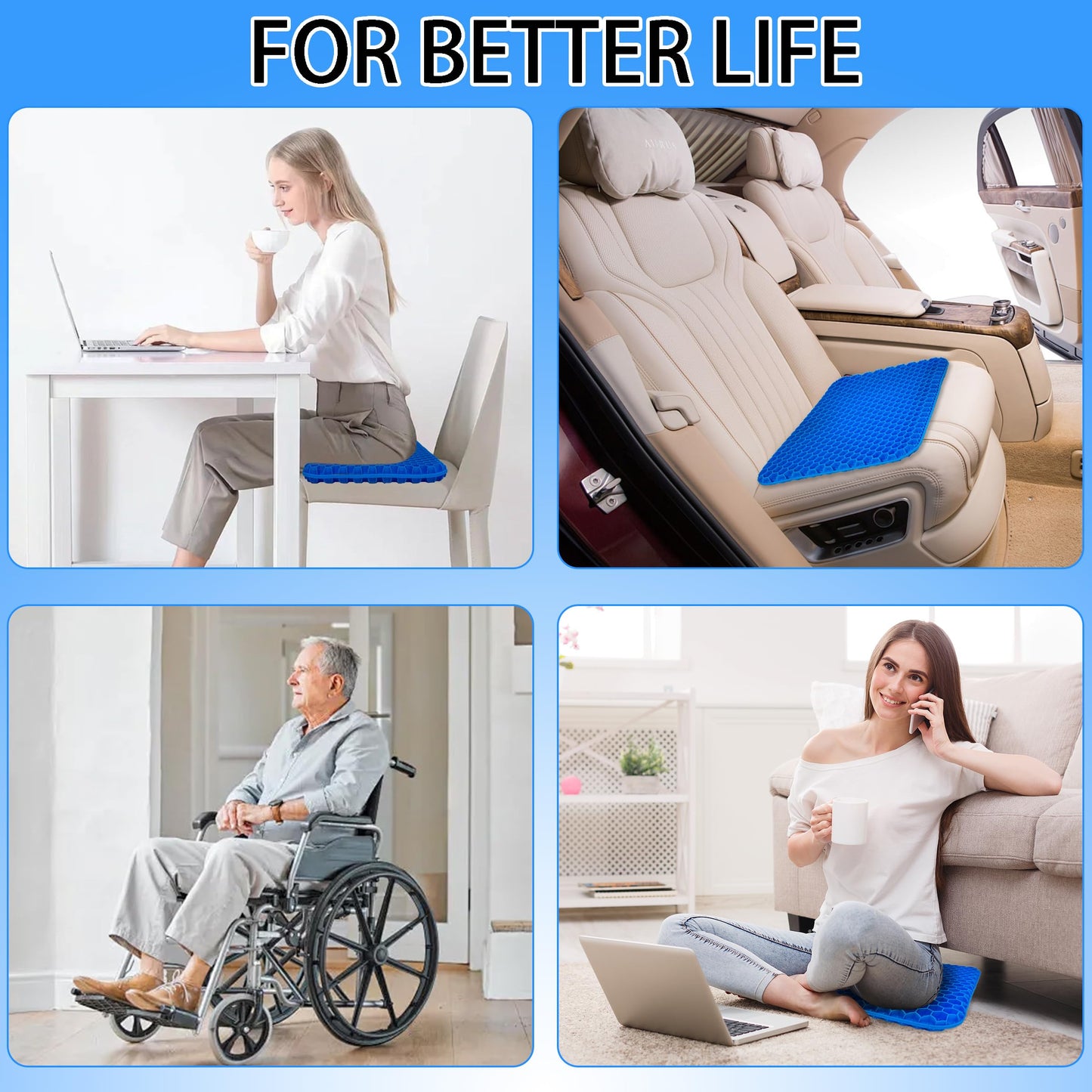 PICKSMOCUB Gel Seat Cushion Large Ergonomic Honeycomb Cooling Gel Cushion with Removable Washable Cover Anti Slip Pressure Relief for Office Chair