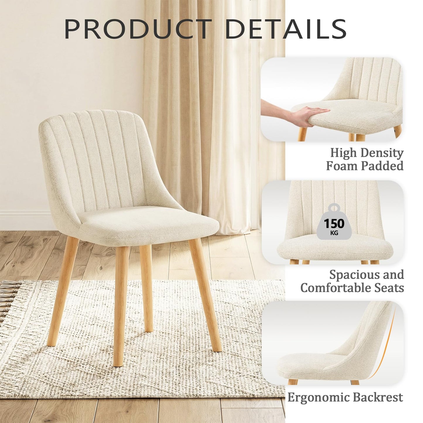 Goeurvant Dining Chairs Set of 4 Upholstered Armchairs with Wooden Legs Kitchen Chairs for Living Room, Beige-Chenille