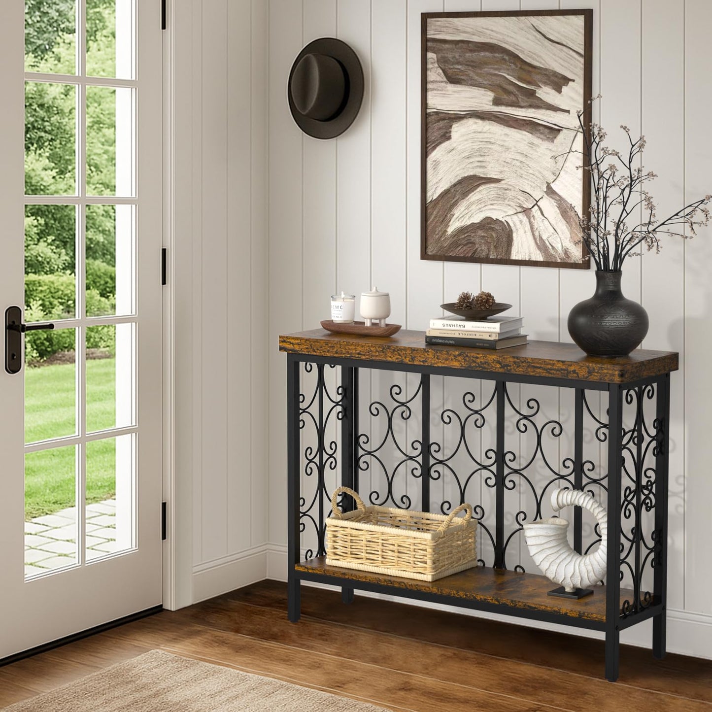 ikkle Console Table - 42.5" Industrial Hallway Table with 2-Tier Storage Shelf, Wood Behind Sofa Table Plant Stand Shelf TV Stand for Entryway
