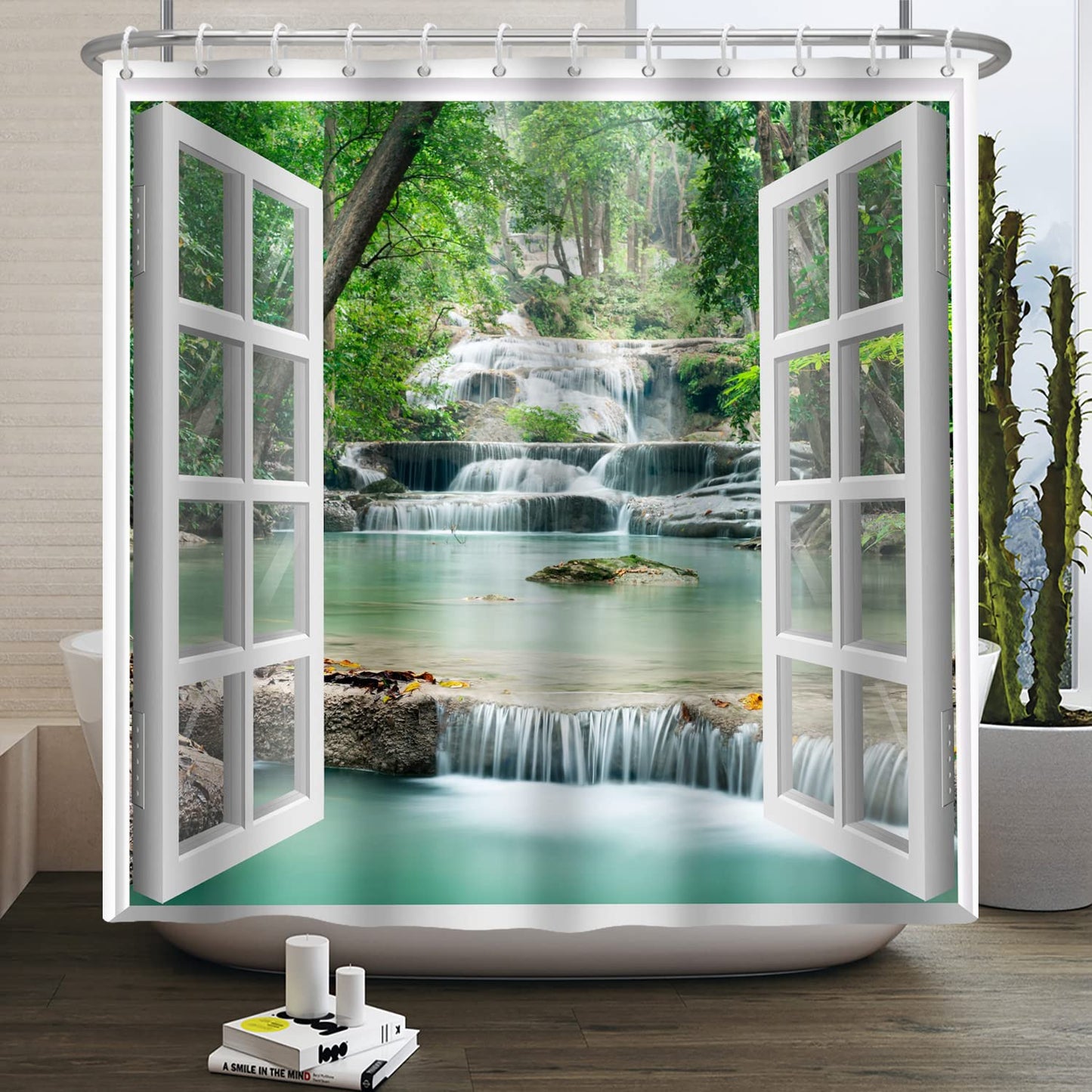 SDOTPMT 180x180cm Window View Shower Curtain Spring Waterfall Trees Natural Scenery Wilderness Landscape Bath Curtain White Window Picture Modern Art