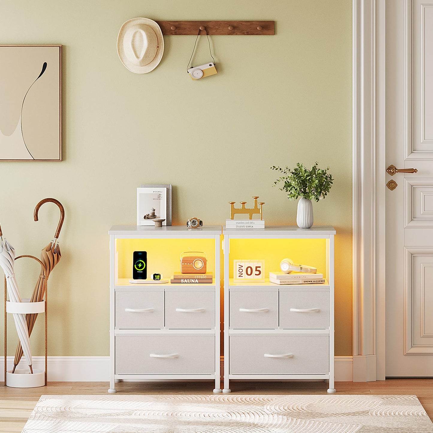 Flrrtenv Bedside Table with Charging Station, 3 Drawers Fabric Bedside Cabinet for Bedroom, LED Night Stand with Storage Shelf