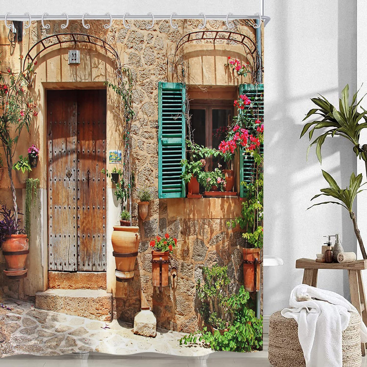 Hnmdmyi 3D Shower Curtain 180x220, Garden Flowers Scenery Street Alley Vintage Look Stone Wall with Door Bathroom Curtains with Hooks Waterproof