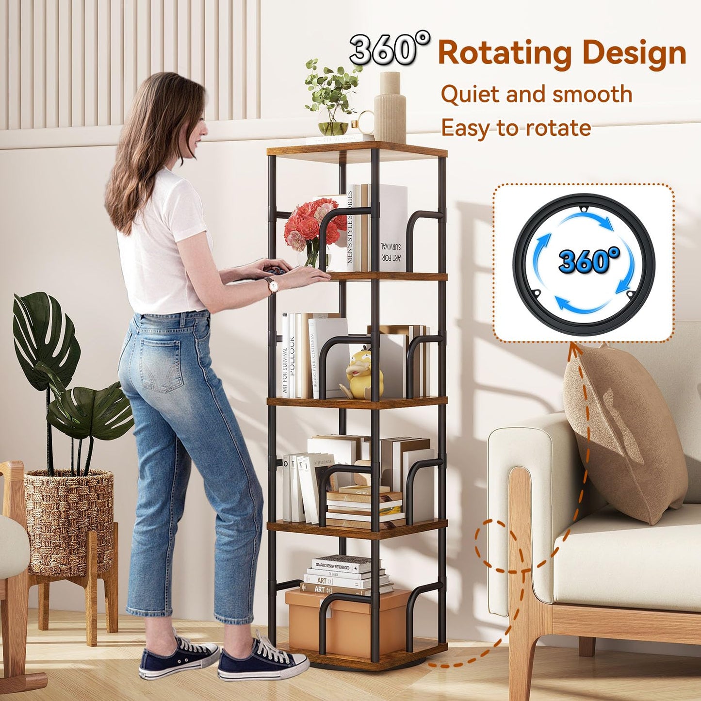 IBUYKE 5 Tier Rotating Bookshelf,Square Bookcases,Brown TBC004H