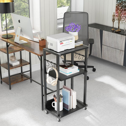 YMYNY Mobile Printer Stand, 3 Tier Under Desk Home Printer Cart on Wheels, Industrial Height Adjustable Wood Rolling Printer Table for Fax Machine,