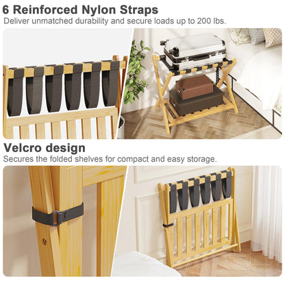 BAMBOOHOMIE Bamboo Luggage Rack for Guest Room, 26.77" Folding Wide Suitcase Stand with Storage Shelf