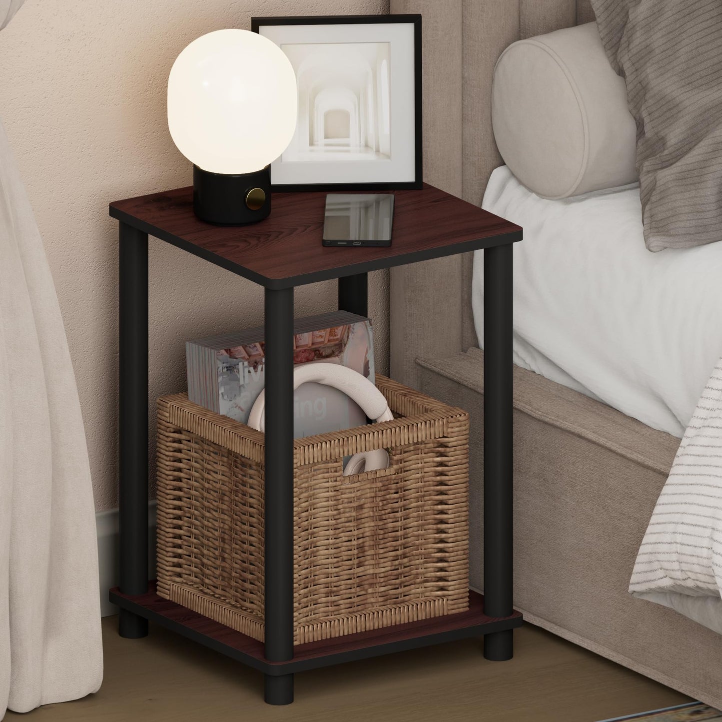 Furinno TURN-N-TUBE Night Stand, 2-Tier Open Shelf Design Nightstand, Toolless Square Bedside Table, End Table, Side Table, for Bedroom, Closet