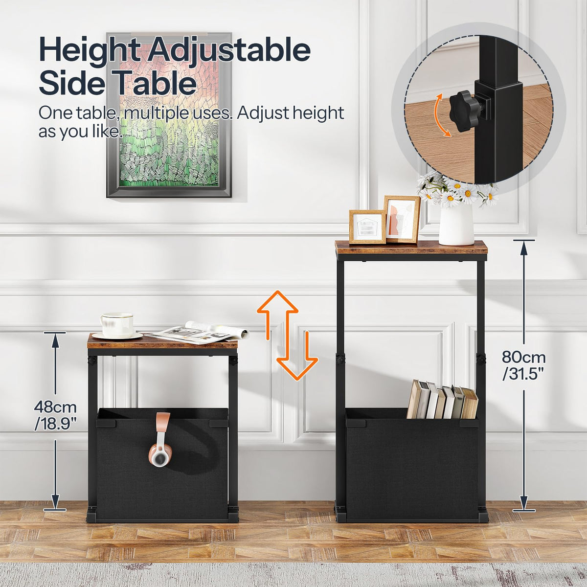 HOOBRO Narrow Side Table with Height Adjustable Feature, 2-Tier Small Bedside Table with Fabric Storage Bin, Slim Sofa Table for Living Room, Bedroom