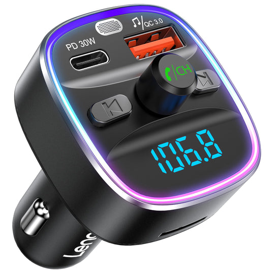 LENCENT Bluetooth 5.4 FM Transmitter Car Adapter 48W [PD 30W & 18W] [7 Color Light] [Fast Charging] Wireless Radio Music Adapter Hands-Free Calling,