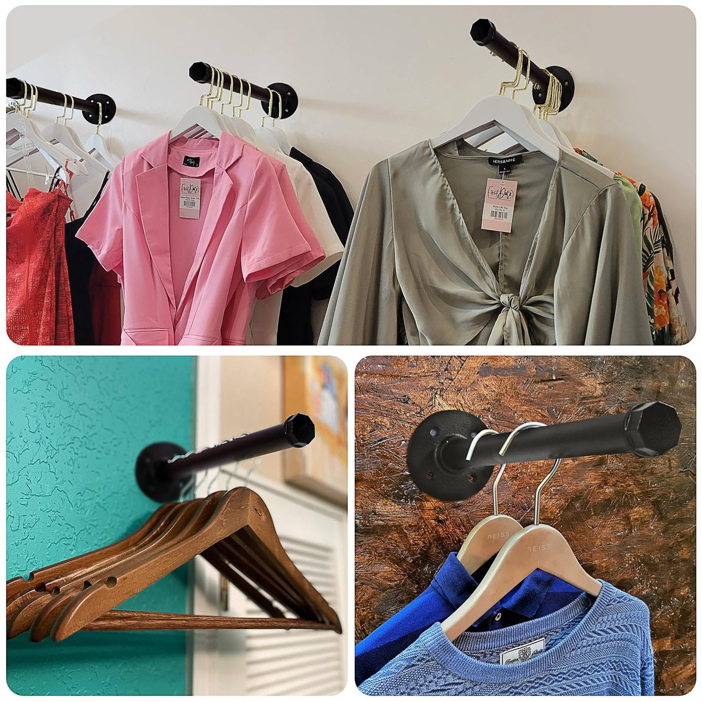 Pintuson 6 Pcs Industrial Pipe Clothes Bar 12 Inch - Wall Mount Clothing Rack - Face Out Wall Clothing Rods for Commercial Retail Boutique Shirt