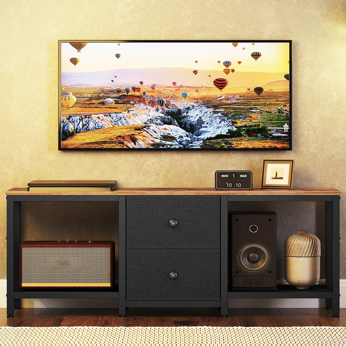 YATINEY TV Stand Cabinet for TVs up to 55'', Media Console with Shelves and 2 Drawers, Metal Frame, for Living Room, Bedroom, 120 x 30 x 50 cm