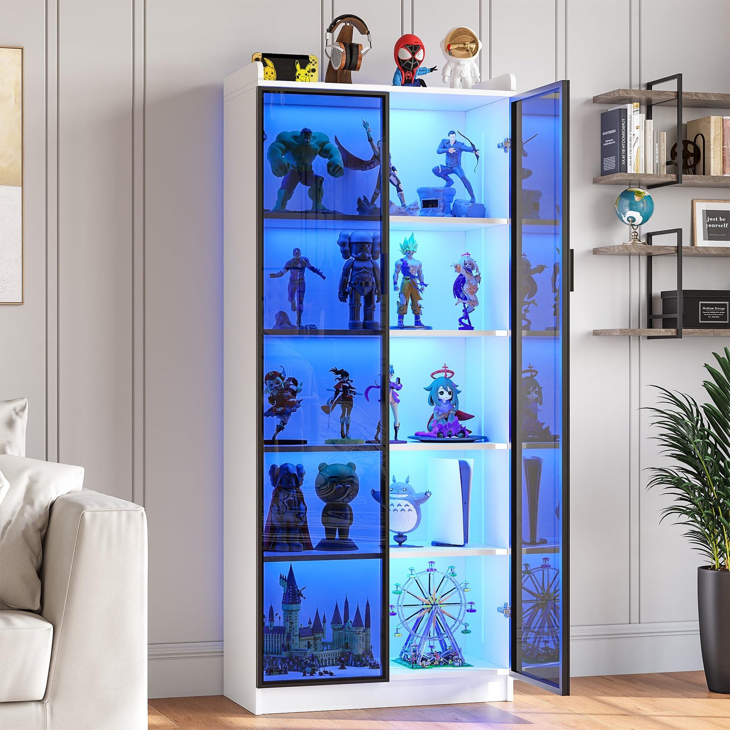 FREDEES LED Display Cabinet with 2 Doors and Adjustable Shelf, 165CM, White