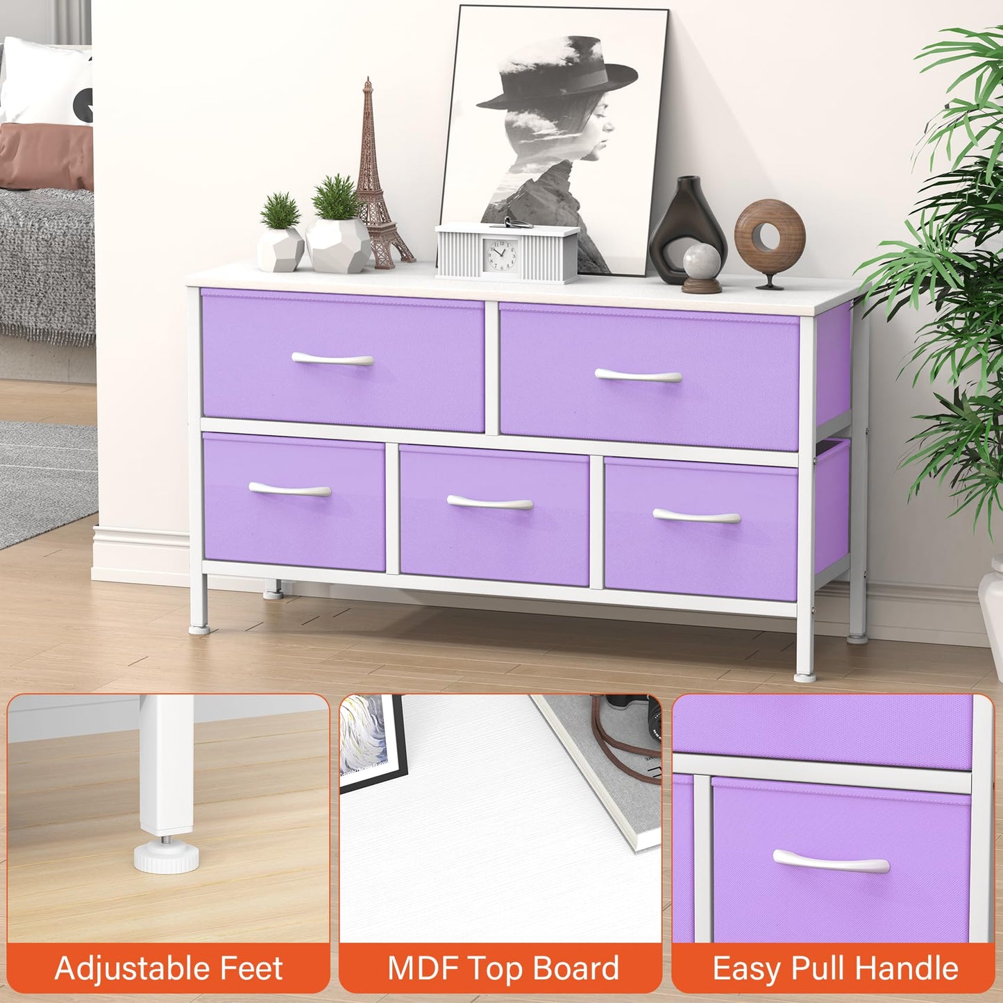 Feonase Bedroom Chest of Drawers, 5 Fabric Drawers Dresser with Metal Frame and MDF Top Board, Modern Storage Unit for Bedroom Living room, Entryway