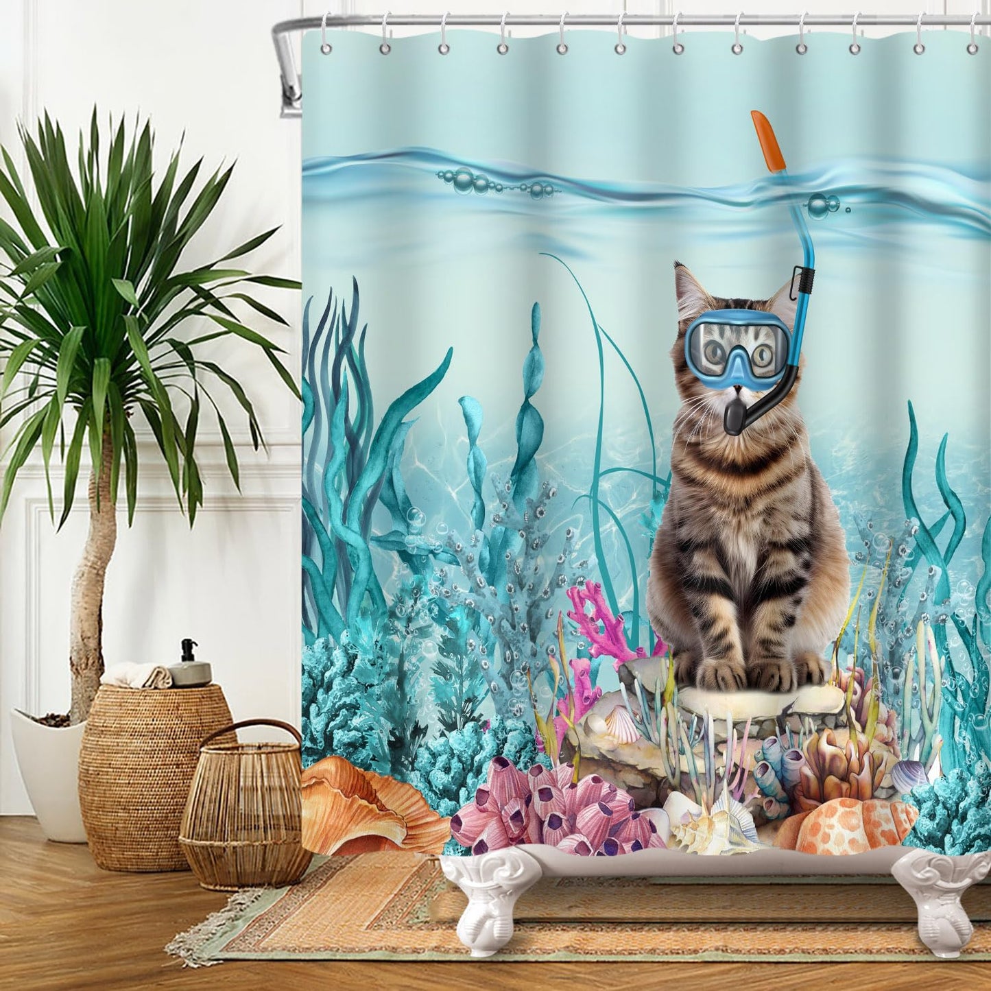 SDOTPMT 180x180cm Funny Cat Shower Curtain Cute Kitten Diving in Teal Blue Ocean Sea Coral Marine Alga Bathroom Curtain Waterproof Fabric Polyester