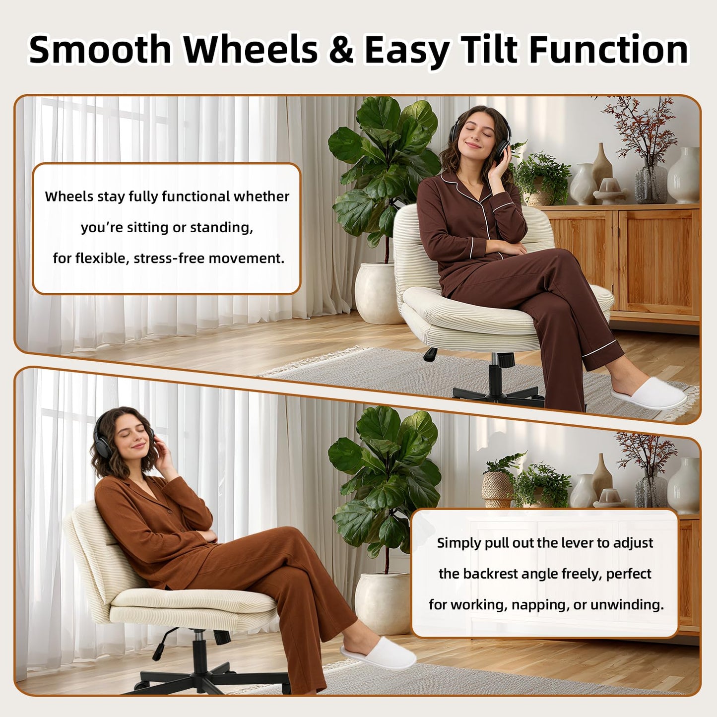 Durrafy Cross Legged Office Chair, Criss Cross Chair with Wheels, Armless Wide Seat Desk Chair, Double Layer Cushion