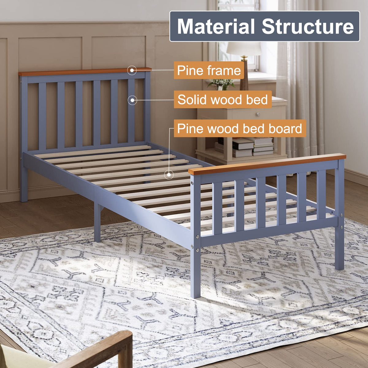 ELEGANT Single Solid Wood Bed Frame with Slatted Headboard 3ft, 90 x 190cm
