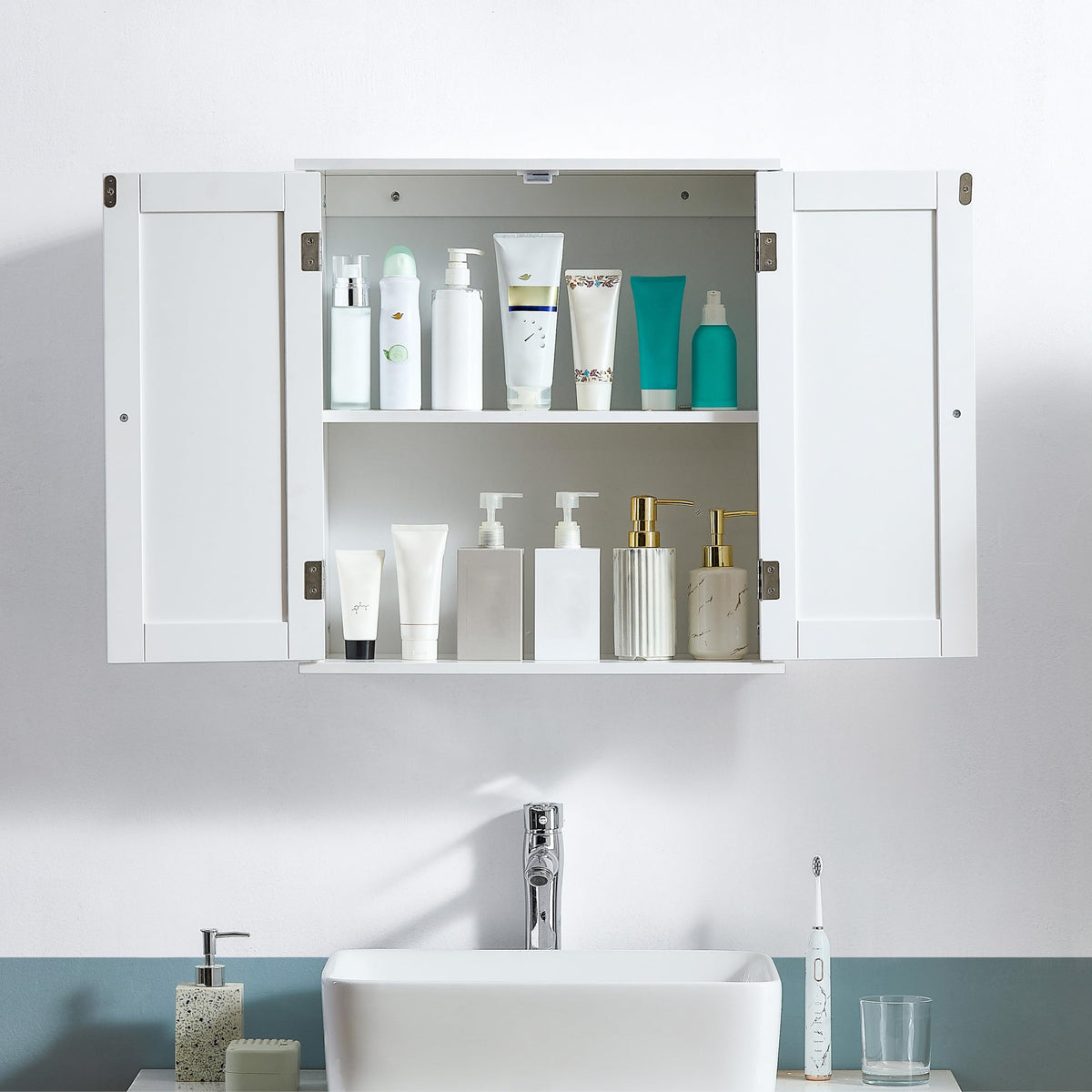 Bath Vida Bathroom Cabinet Double Door Shutter Wall Mounted Storage Shelf, White