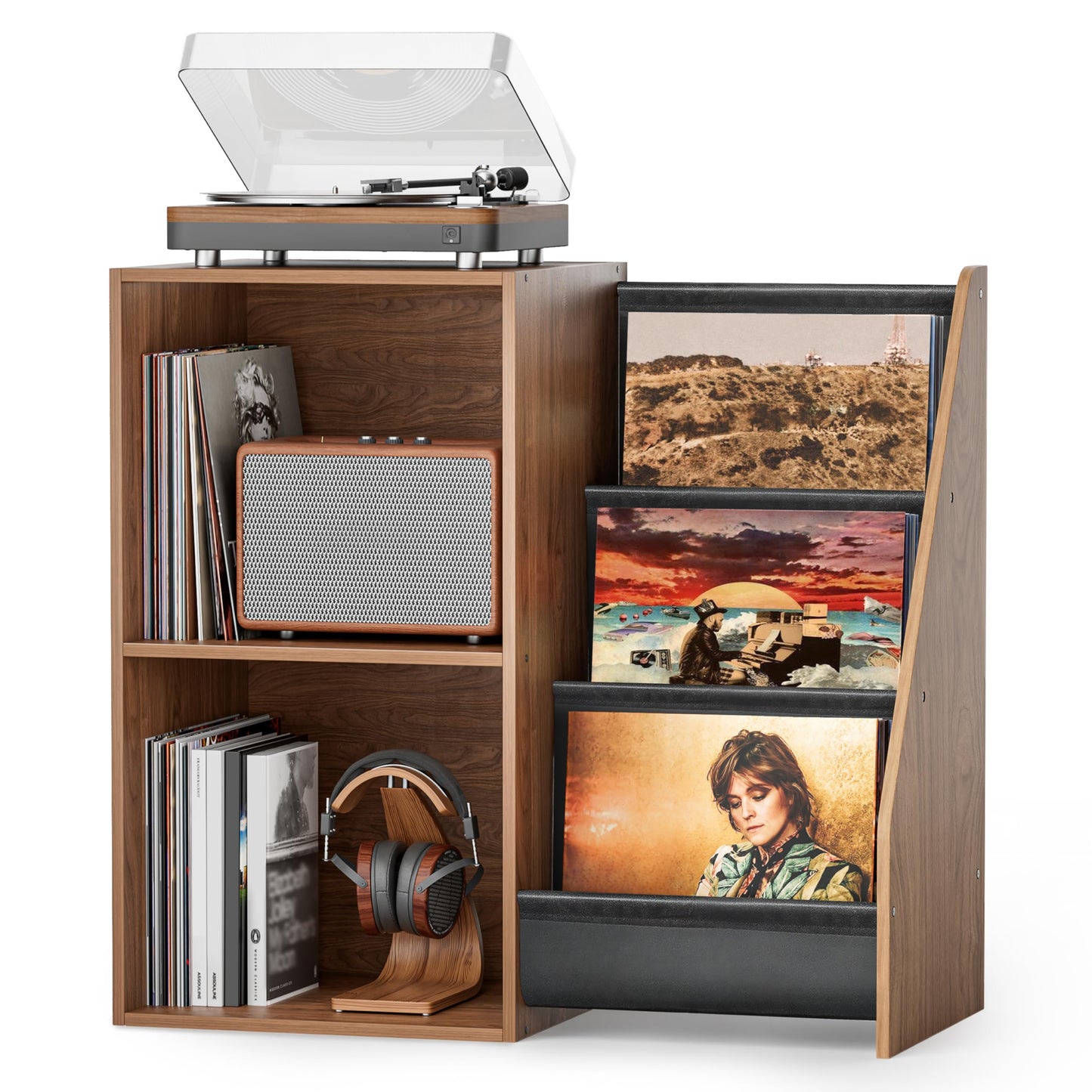 Bikoney Record Player Stand with 3-Tier Vinyl Storage for 220 LPs - Walnut