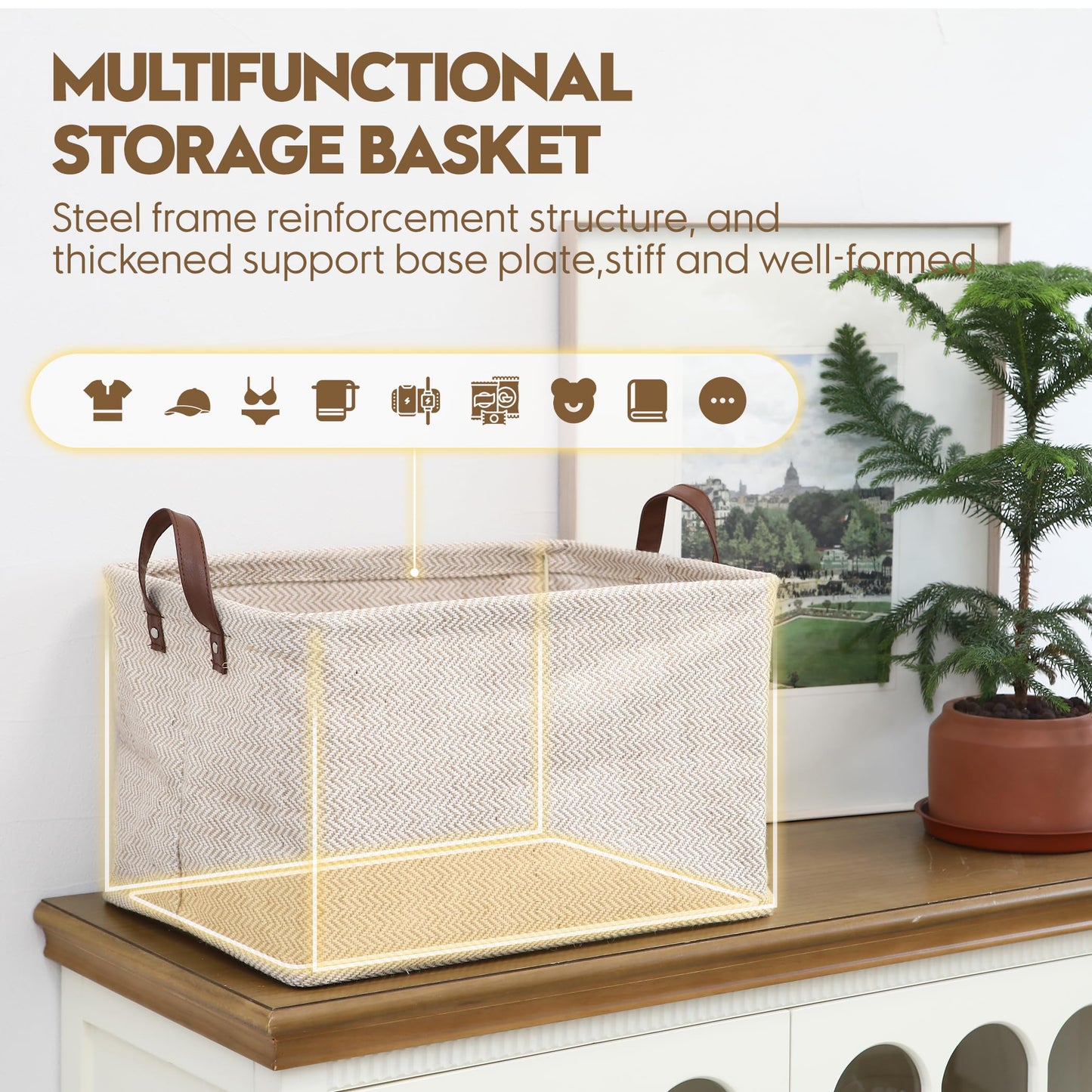 Sea Team Square Jute Structured Storage Basket Built-in Frame