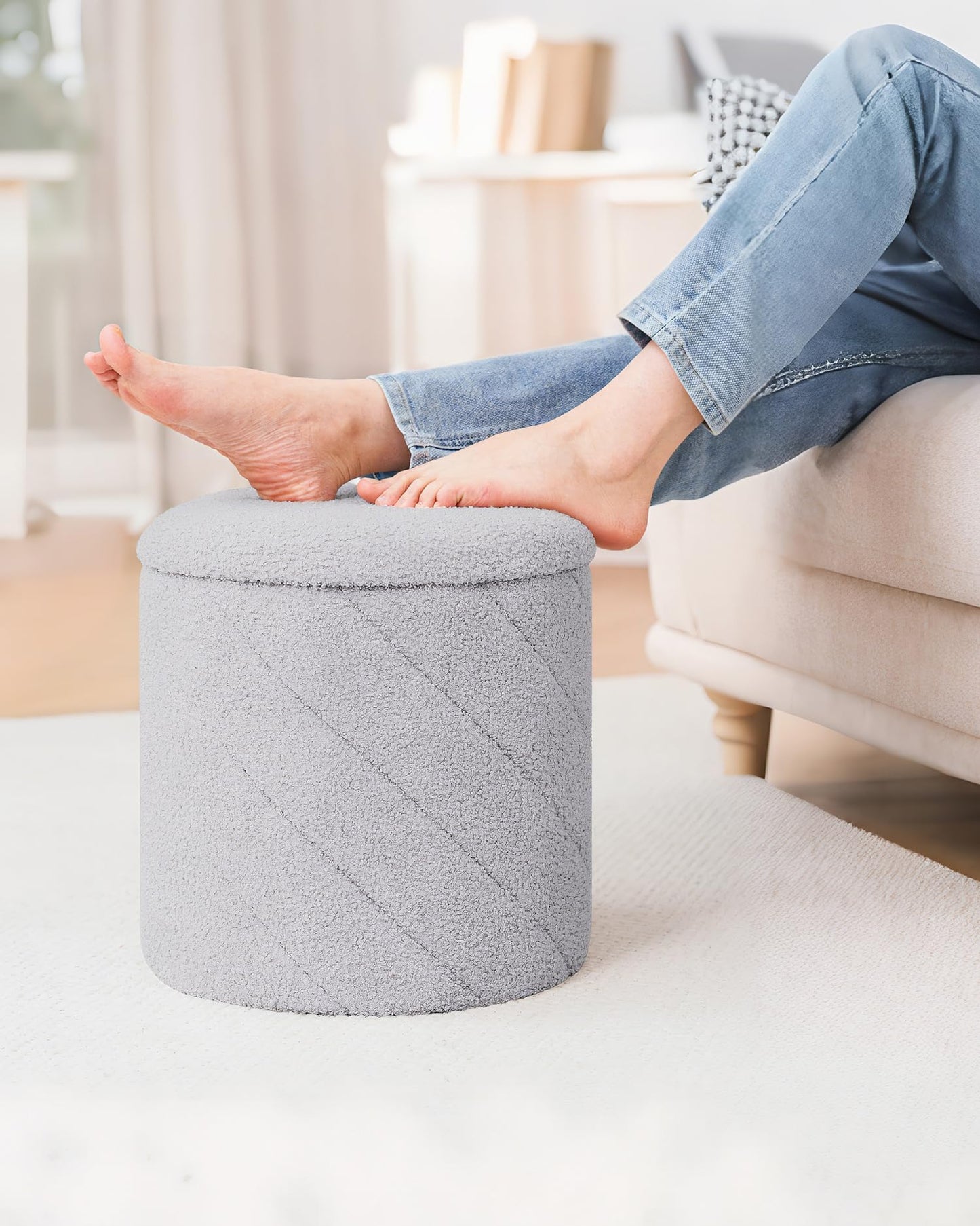 Bonlife Folding Round Ottoman Stool with Storage,Dressing Table,Grey,33cm