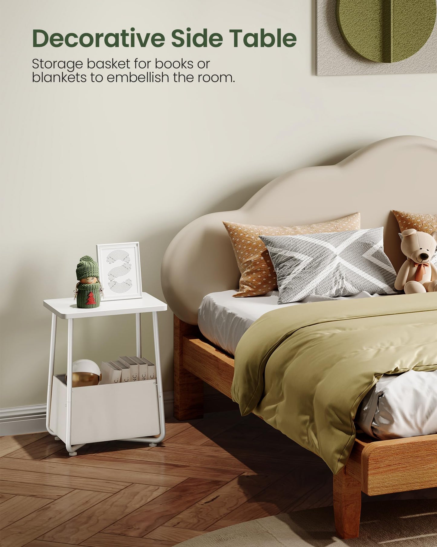 CHOEZON Small Side Table, End Table with Fabric Basket, Modern Nightstand for Small Spaces, Bedside Table for Nursery, Living Room, Bedroom, White