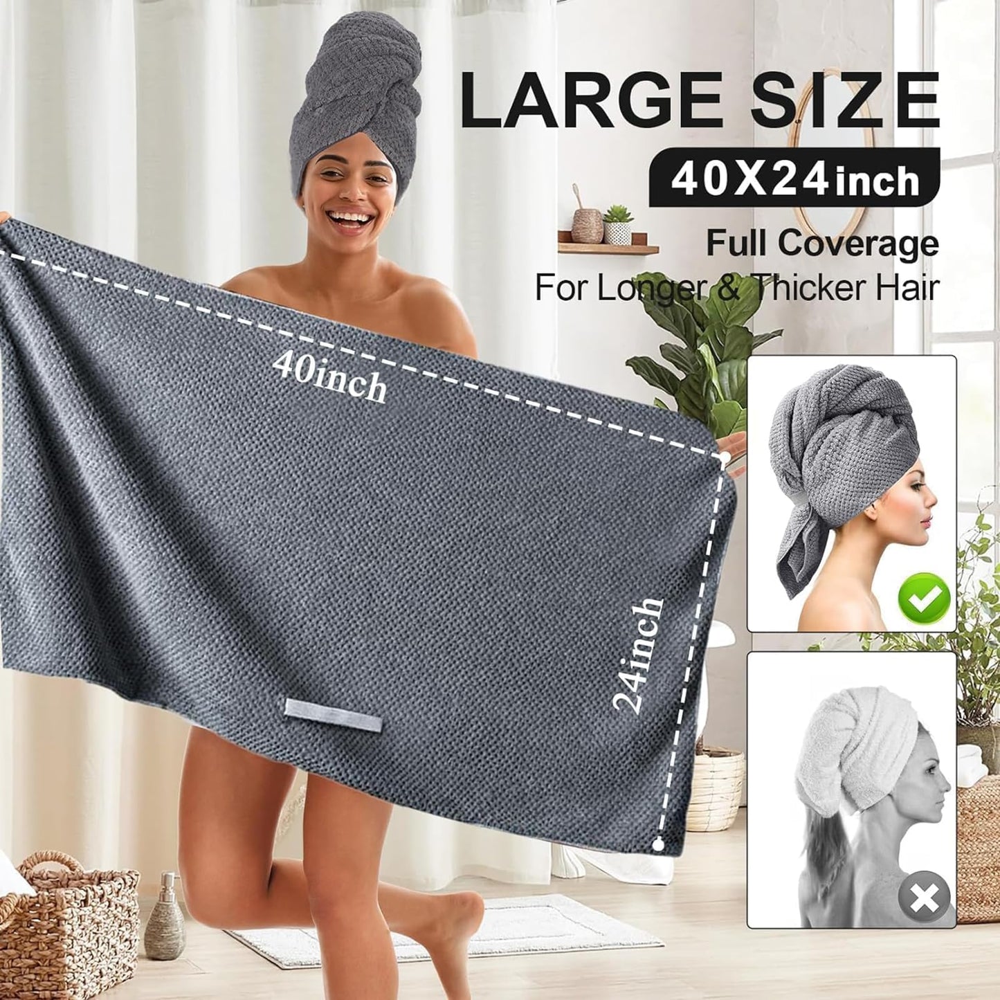 Eyeleaf Microfiber Hair Drying Towels,100 x 60cm,Quick Dry,Super Absorbent, for Long,Thick, Curly Hair 2pcs (Grey)