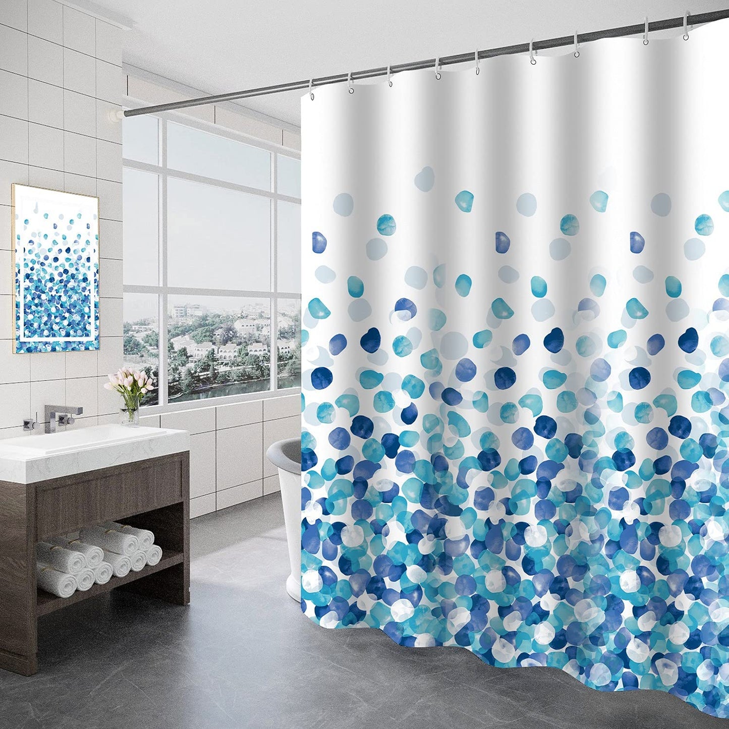 Tennove Shower Curtain 200 x 200cm Blue Petal Thick Polyester Fabric Mildew Resistant Shower Curtain Liner for Bathroom Decor Waterproof Long Bath