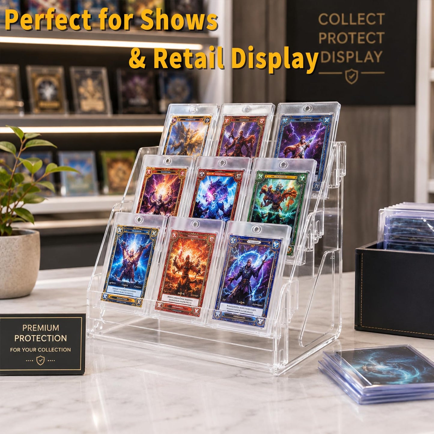 Oncpcare 3-Tier Transparent Trading Card Display Stand – Vertical PET Rack for Toploaders, Magnetic Holders, Collectible and Standard Card Slabs