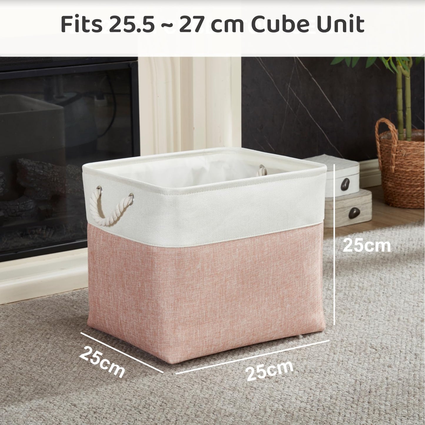 Mangata Canvas Storage Boxes, 25cm Cube Storage Bins Set of 6, Fabric Baskets with Cotton Rope Handle for Organizing Clothes Nursery Home (Pink/White)