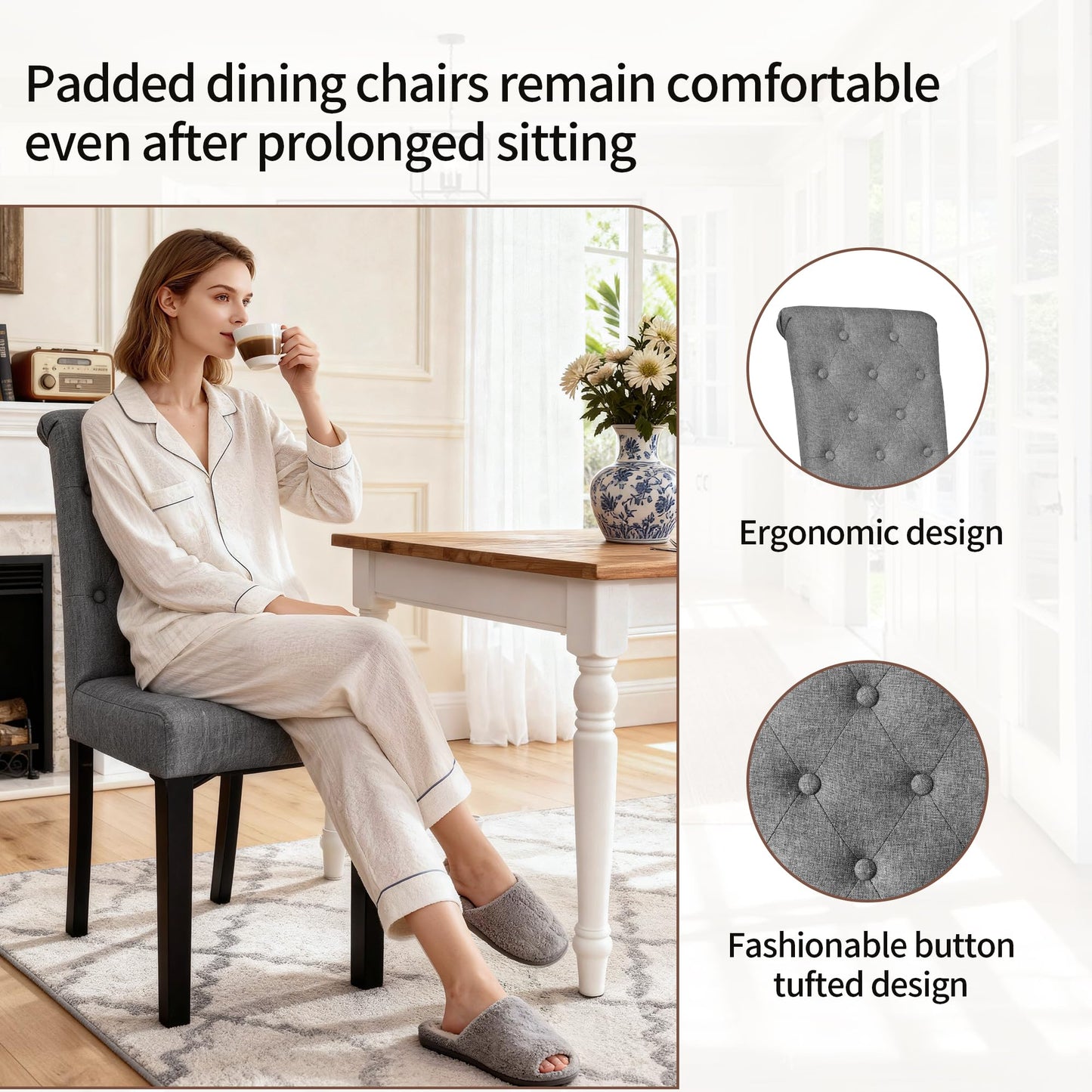 BonVache Modern Dining Chairs set of 6, Upholstered High Back Kitchen Chair with Solid Wooden Legs, Grey Accent Chairs for Living Room, Dining Room