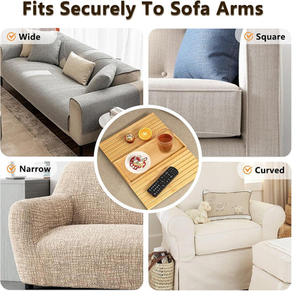 Sofa Arm Tray, Bamboo Foldable Couch Tray with Anti-Slip Fabric Backing, Sofa Side Table for Drinks, Snack, Magazine, and Remotewood