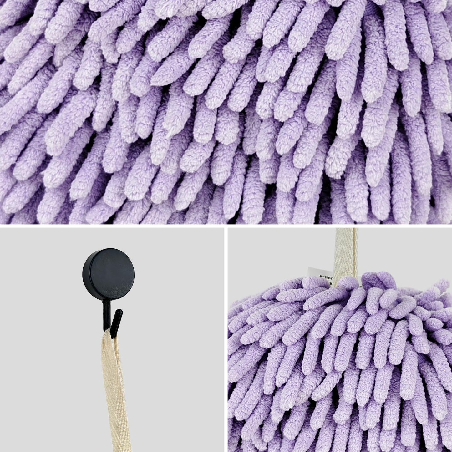 Fuzzy Ball Hand Towels, Set of 2, Chenille Quick Dry, 6.9inch(Purple)