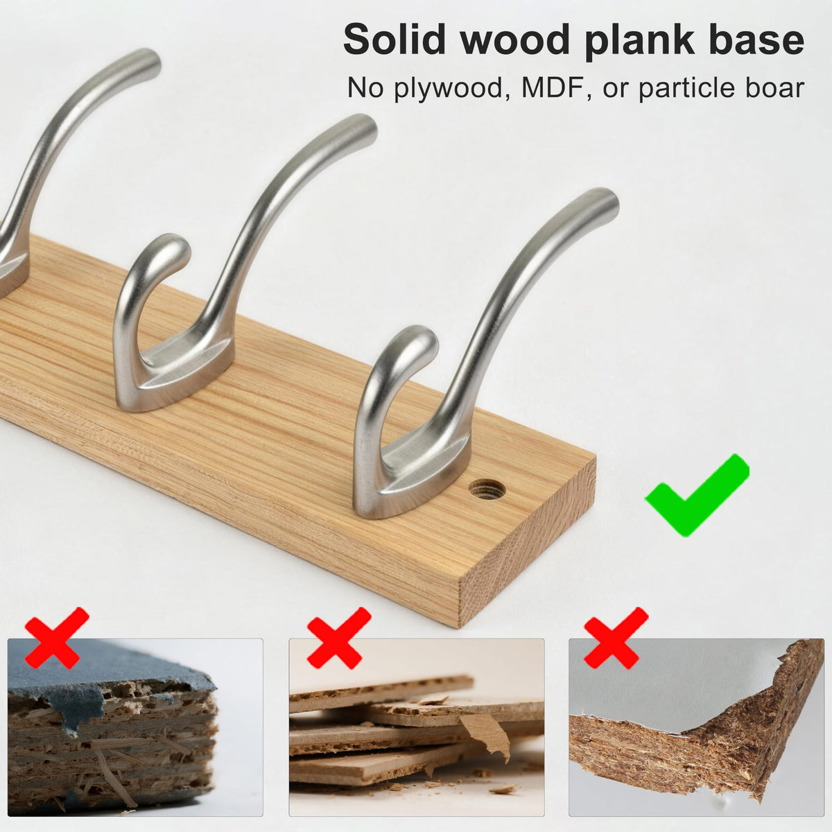 HONSKY Wall Coat Rack - 6 Double Hooks 44cm | Wooden & Metal Towel/Coat Hanger for Entryway, Bathroom, Bedroom, Garage | Easy Install