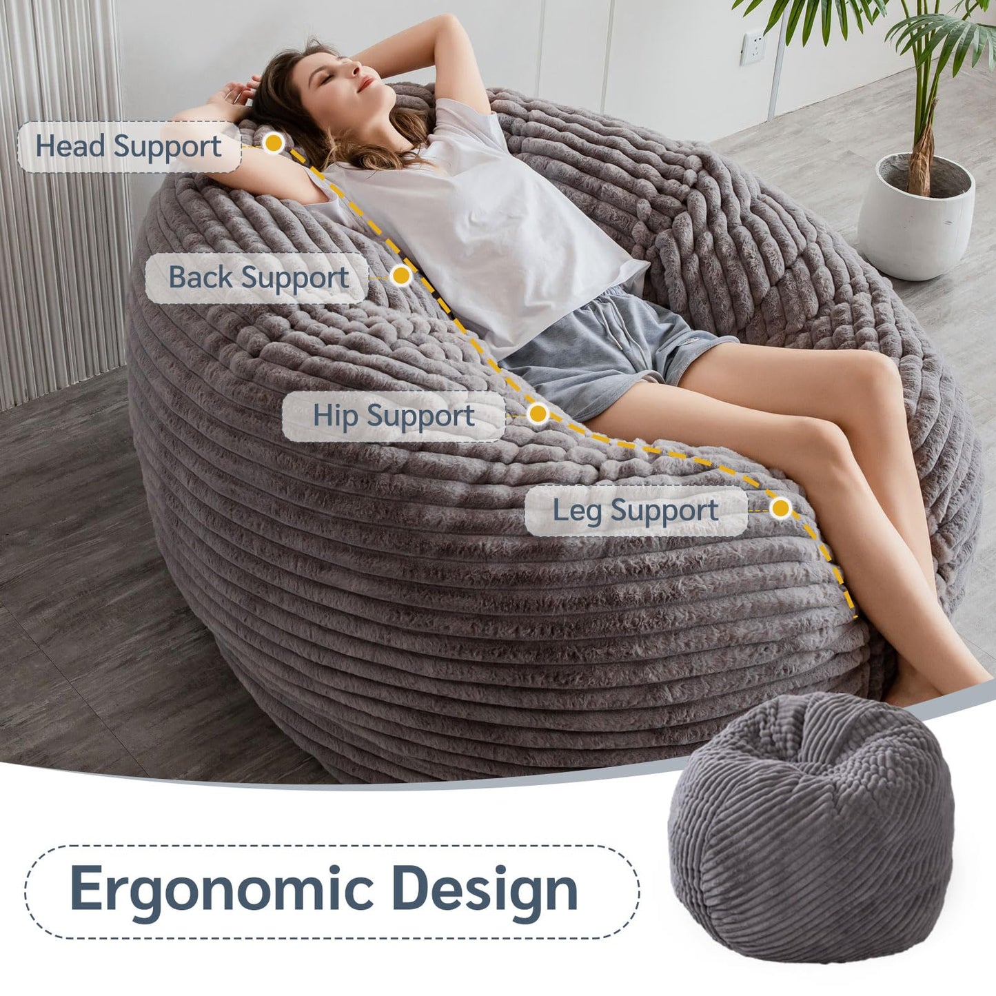 MAXYOYO Giant Bean Bag Bed - Square Bean Bag Chair - Large Sofa with Faux Fur Cover and Fluffy Filling Included for Adult, Couples, Guest