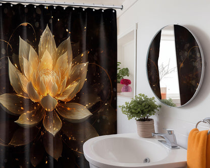 LanZanthic Lotus Shower Curtains for Bathroom Black and Gold Floral Spa Zen Wet Room Shower Curtain with hooks, Mould Proof Resistant, Waterproof