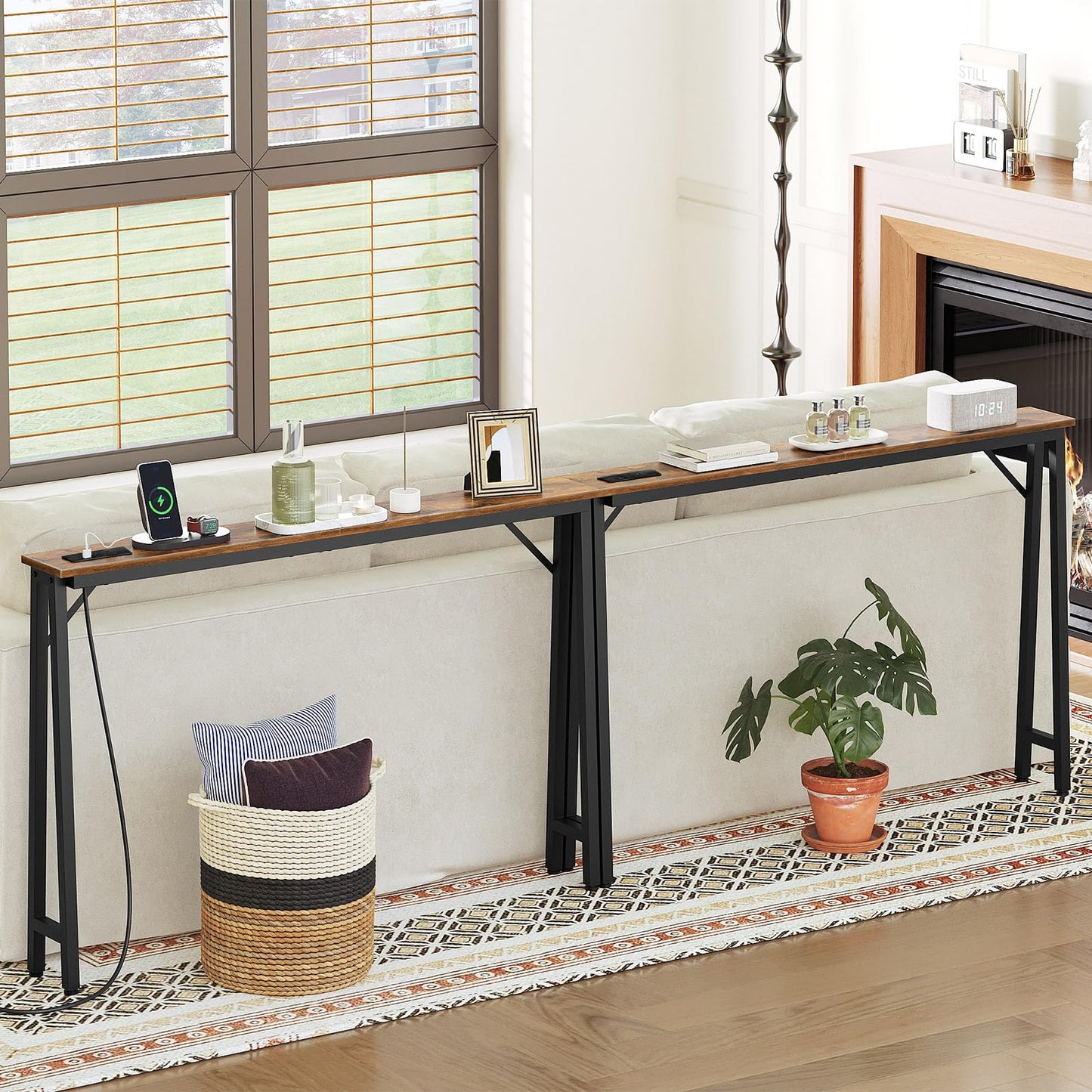 YATINEY Console Table, Set of 2, Slim Behind Sofa Table with Charging Station, Skinny Entryway Table，Metal Frame, for Living Room, Entryway, Hallway